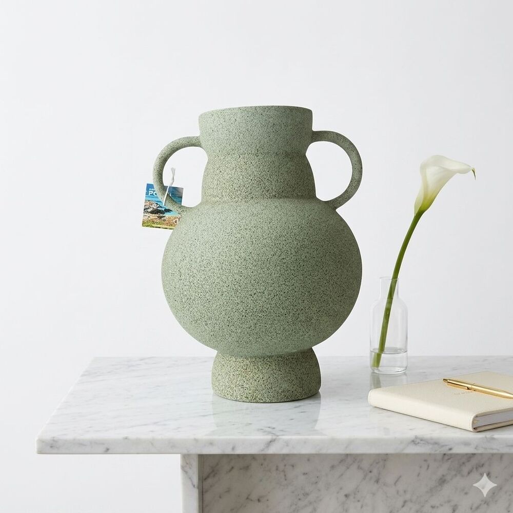 Portugal Decor Pottery Vase Green Speckled Ceramic Double Handle Textured Urn
